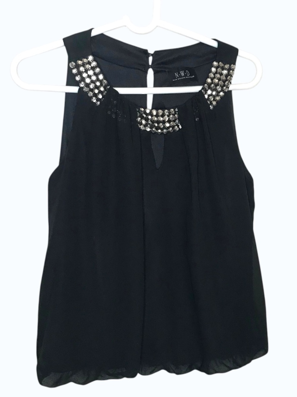 N.W.D Black Embellished Sleeveless Blouse Beaded Chiffon Party Top